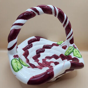 Vtg 2000 Lillian Vernon Candy Cane Stripe Ceramic Dish w Handle 7 Inch With Box